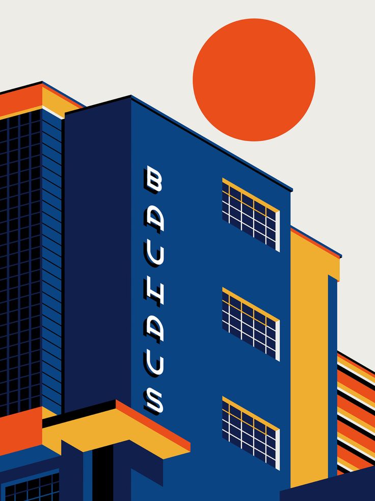 an orange and blue building with the sun in the background