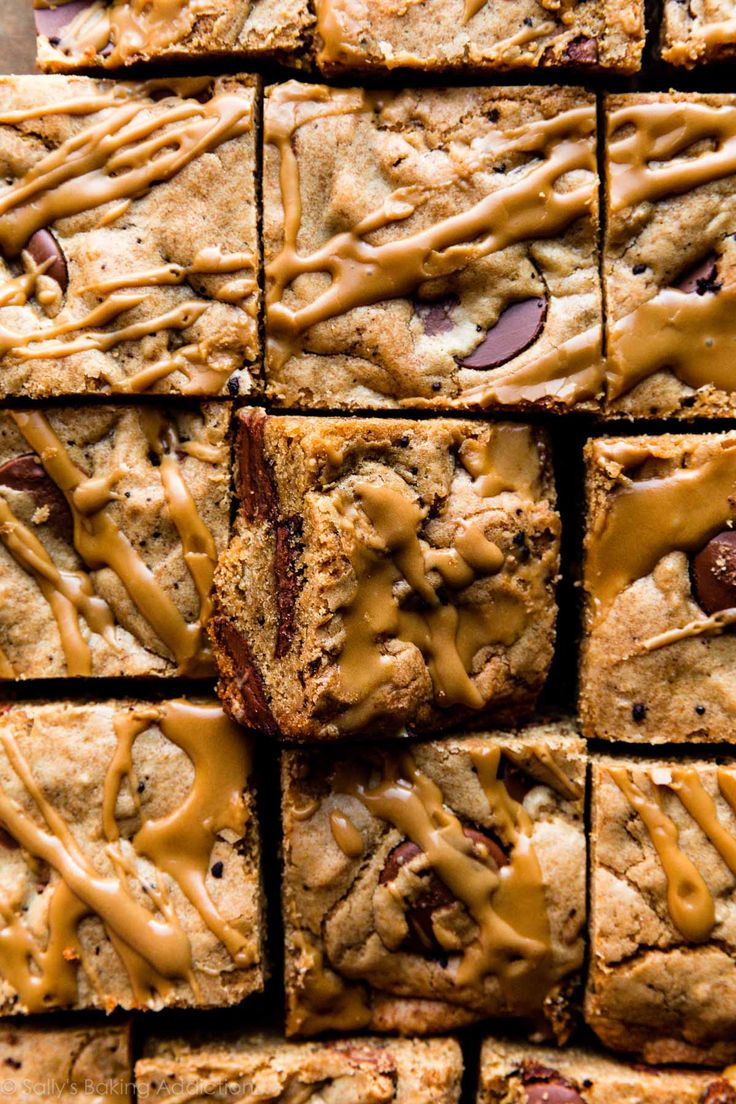 chocolate chip cookie bars with peanut butter drizzled on the top and bottom