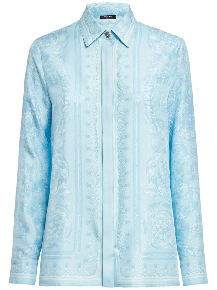 Concealed front button closure. Button cuffs. All over print placement may vary Versace Print, Printed Silk Shirt, Formal Shirt, Silk Twill, Formal Shirts, Dolce & Gabbana, Silk Shirt, Missoni, Shirts & Tops