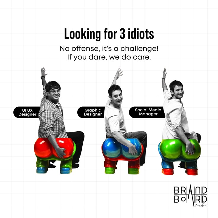 three men sitting on top of colorful balls with their arms in the air and one man standing behind them