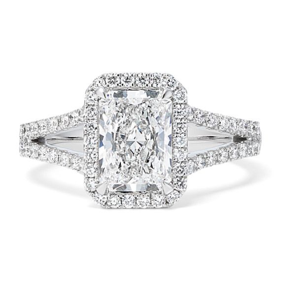 This lab-grown diamond ring is all glamour with a split shank halo design reminiscent of the Art Deco era. Crafted in bright 14-karat white gold  this diamond-encrusted design frames a beautiful radiant cut center stone. Wedding Rings Sets His And Hers, Radiant Cut Diamond Ring, Rings Sets, Ring Cuts, Ring Inspiration, Engagement Ring Inspiration, Split Shank Ring, Halo Design, Diamond Halo Ring