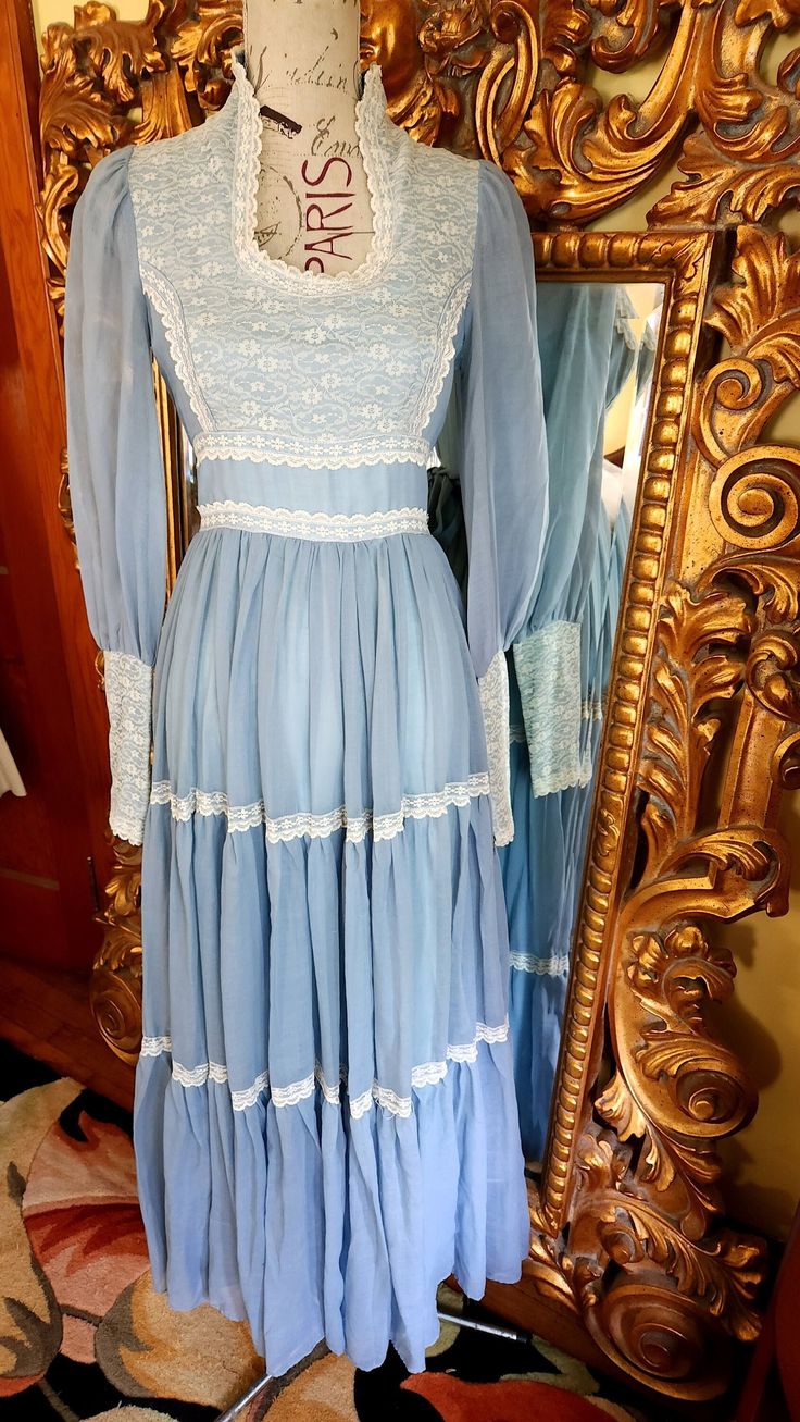 Vintage 70's Gunne Sax Slate Blue Tired Maxi Dress With Lace Details and Queen Ann Neckline Size 11 - Etsy Vintage Blue Dress With Lace Trim, Blue Vintage Dress With Lace Trim, Vintage Blue Lace Dress, Queen Ann Neckline, Lace Cuffs, Gunne Sax, Lace Bodice, Dress With Lace, Slate Blue