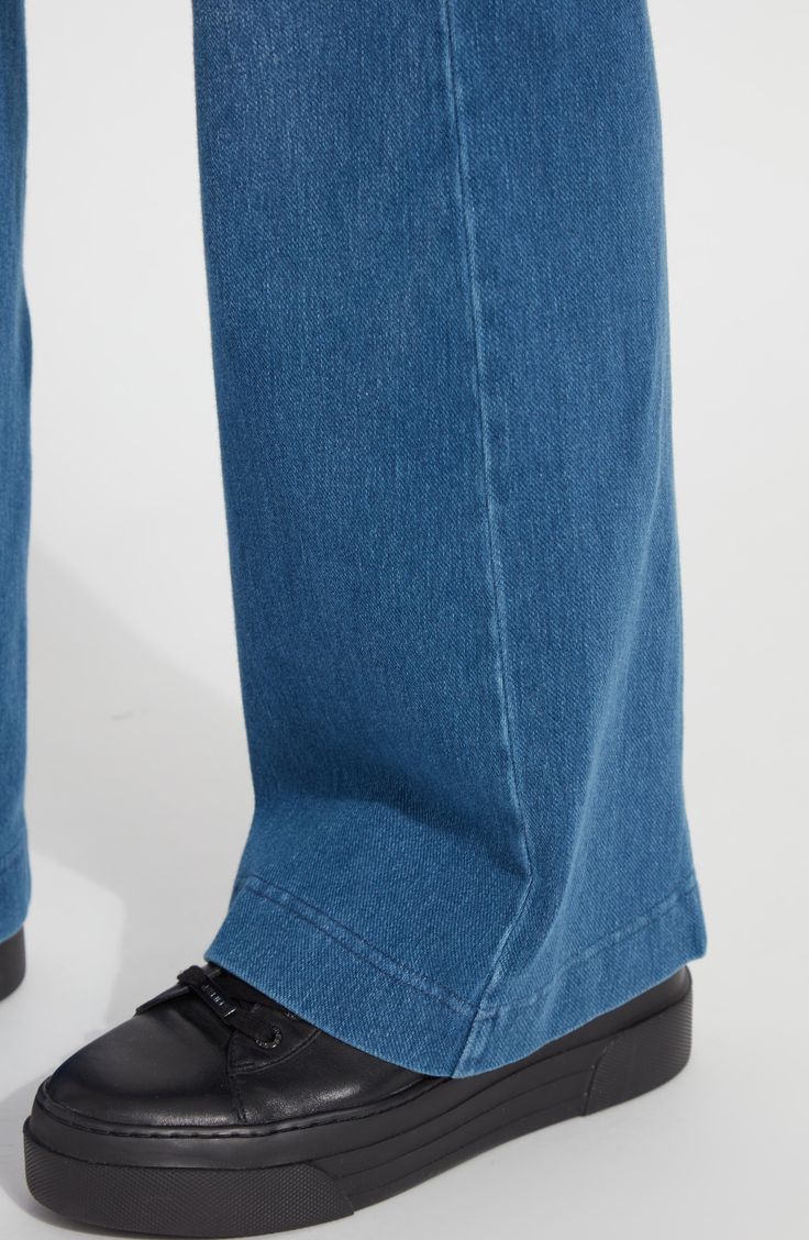 Slimming lines and a comfortable high waist create a streamlined look in wide-leg trousers cut from stretch-cotton denim. 33" inseam; 10" leg opening; 10 1/2" front rise; 13 1/2" back rise Side zip closure Back welt pockets 95% cotton, 5% spandex Machine wash, line dry Imported Hosiery Denim Blue Tencel Straight Leg Bottoms, Dark Wash Tencel Bottoms For Spring, Classic Dark Wash Wide Leg Pants, Wide Leg Tencel Jeans For Summer, Fitted Wide-leg Denim Jeans, High-rise Tencel Bottoms For Spring, Classic Denim Blue Wide Leg Pants, Denim Wide Leg Pants For Work, Classic Wide Leg Denim Blue Pants