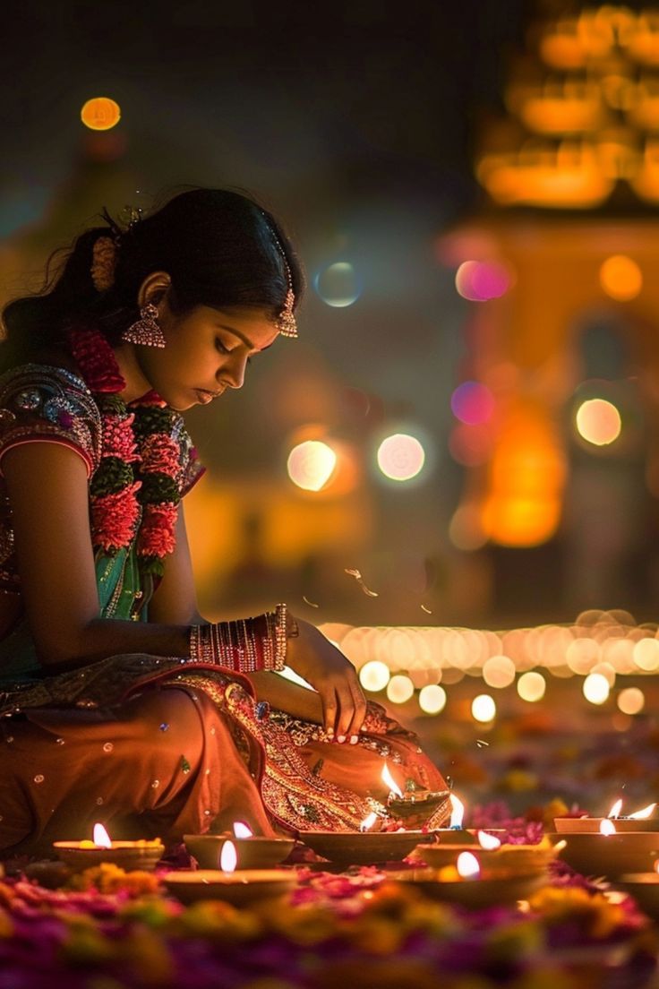 a woman sitting on the ground with candles in her hand and looking down at something