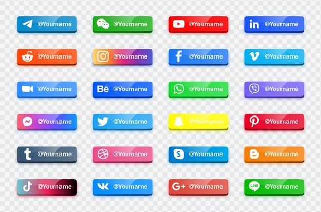 the different colored buttons for social media and webpages, with long shadows on them