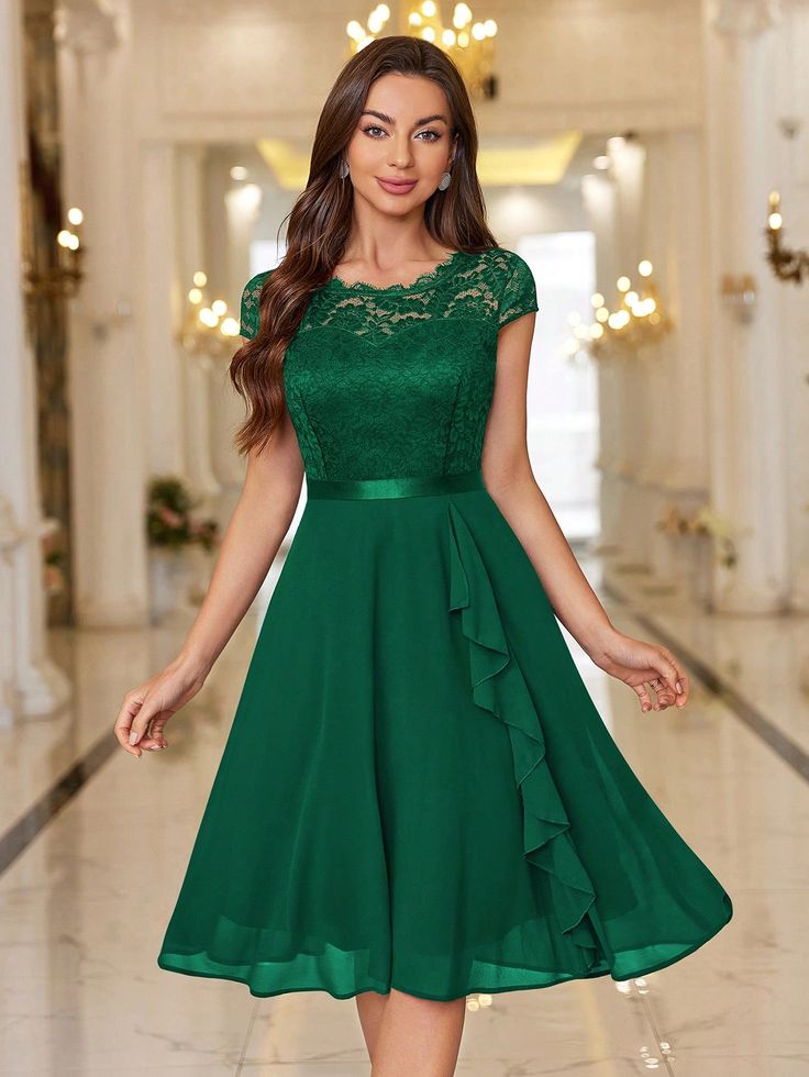 Floral Lace Bodice Ruffle Trim Cocktail Party Swing Dress Dark Green Elegant  Cap Sleeve Lace Plain  Slight Stretch All Women Clothing, size features are:Bust: ,Length: ,Sleeve Length: Dark Green Dress, Womens Prom Dresses, Formal Dresses Gowns, Vestidos Prom, Vestidos Vintage, Lace Bodice, Lovely Dresses, Beautiful Gowns, Womens Midi Dresses