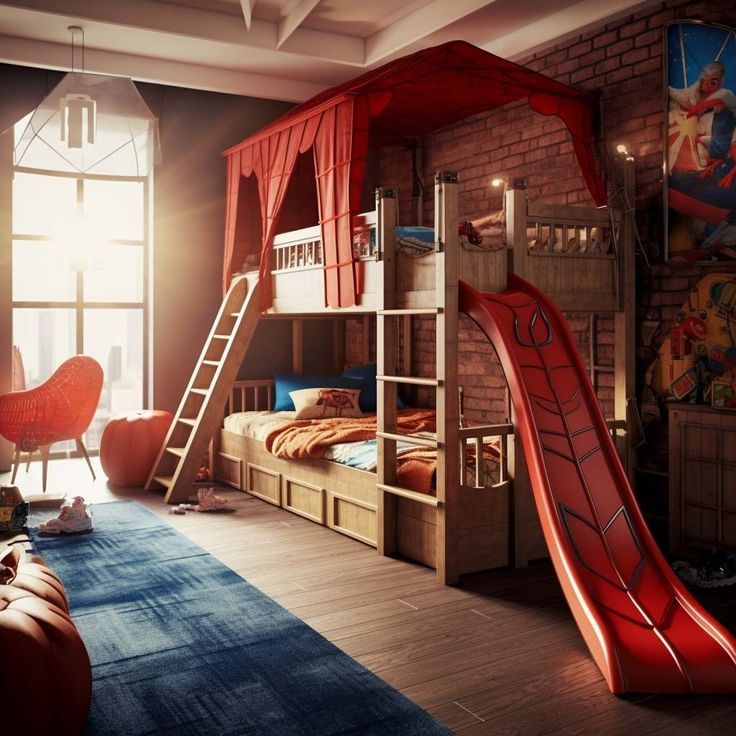 a room with bunk beds and a slide in the middle is furnished with red curtains