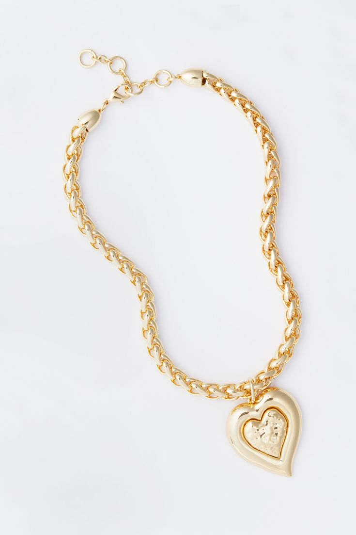 Gold Maxwell Heart Pendant Necklace Pound Gold Necklace, Gold Chain With Pendant And Earrings, Basket Pendant Necklace, Susan Shaw Jewelry, Trendy Yellow Gold Heart Charm Jewelry, Trendy Yellow Gold Jewelry With Heart Charm, Trendy Heart Pendant For Jewelry Making, Trendy Gold Plated Heart Pendant Jewelry, Metal Chunky Chain Necklace For Valentine's Day