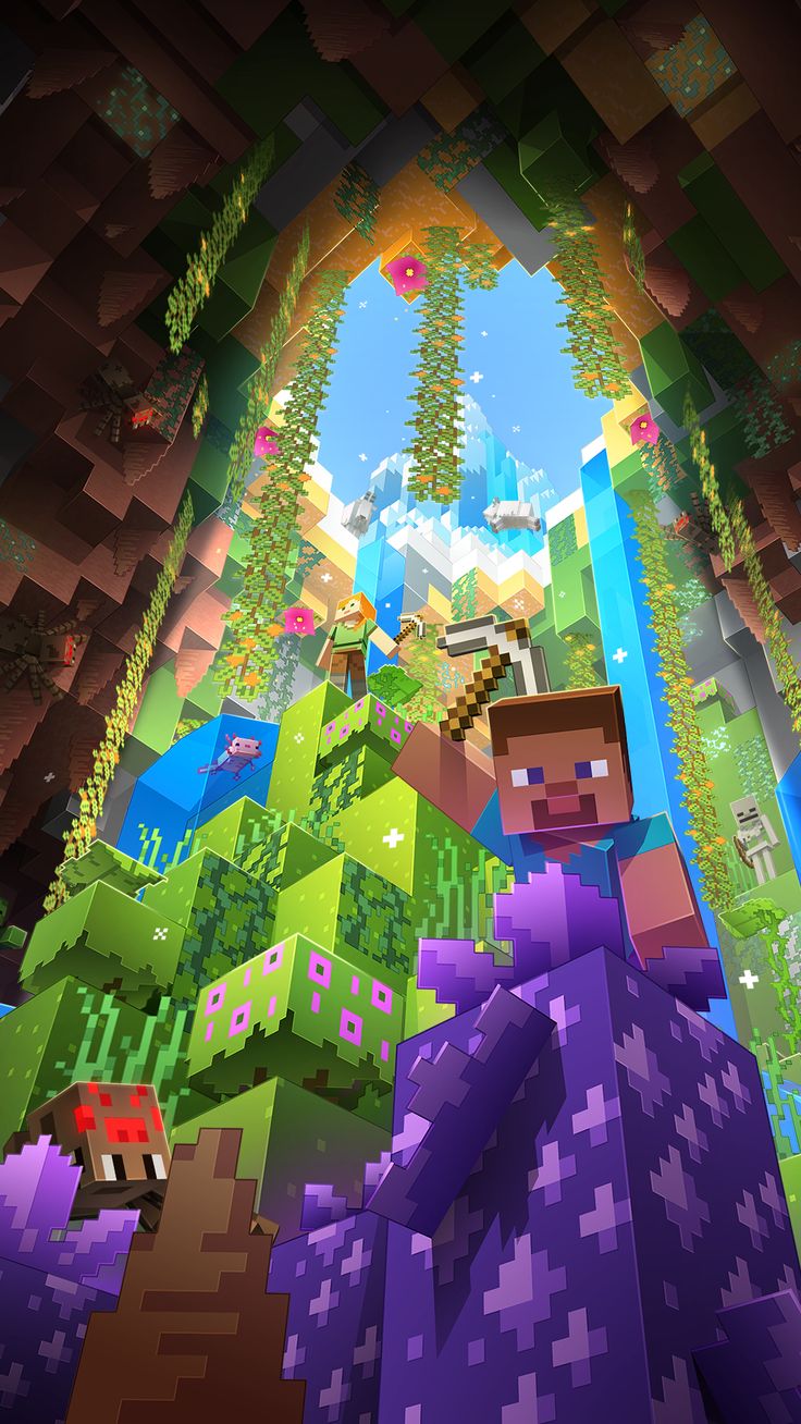 an image of a minecraft game being played on the nintendo switch console in front of a colorful background