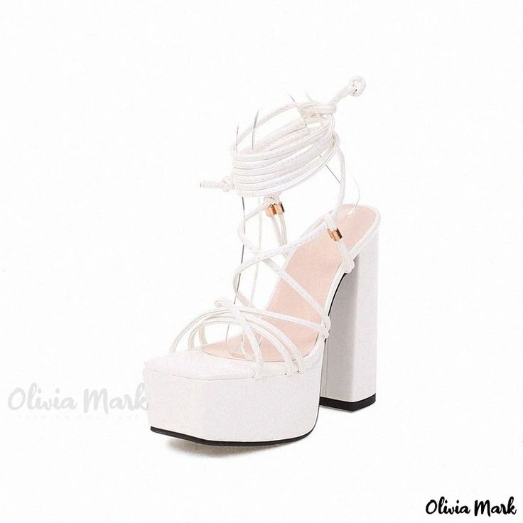 Olivia Mark - Candy-colored Strappy Waterproof Platform Sandals with Super High Heels White High Heel Synthetic Sandals, White Round Toe Heels With Eva Material, White Open Toe Heels With Eva, White Open Toe Eva Heels, Trendy White Heels With Eva Material, White Strappy Beach Heels, White Strappy Heels For Beach, White Sandals With Reinforced Heel For Party, White Ankle Strap Sandals With Reinforced Heel