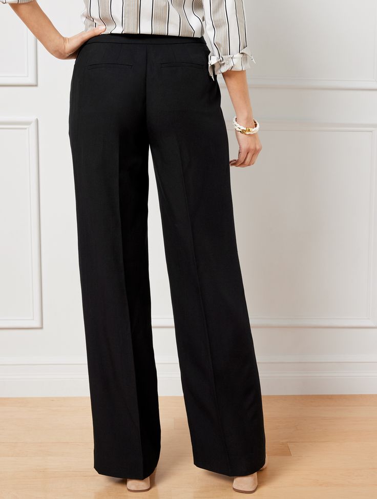 Soft fabric elevates the chic look of these flattering wide leg pants. Tailored with a perfect drape and a figure-boosting high waist. A statement piece for any season. Features Flat Front/Trouser Wide Leg Hits Above Waist Full Length Fly front with button closure Front slash, Back welt pockets Imported Fit: Misses: 31 1/2"; Petite: 29"; Plus: 31 1/2"; Plus Petite: 29" Material: 48% Tencel ™ Lyocell, 30% Linen, 22% Cotton Care: Machine Wash Cold; Only Non-Chlorine Bleach When Needed; Or Dry Clea Elegant Tailored Wide-leg Pants, Chic Solid Color Wide-leg Dress Pants, Chic Solid Wide Leg Dress Pants, Chic Solid Color Wide Leg Dress Pants, Chic Wide Leg Dress Pants For Business Casual, Elegant Career Trousers, Tailored Versatile Formal Dress Pants, Chic Tailored Full-length Pantsuit, Elegant Wide Leg Career Pants