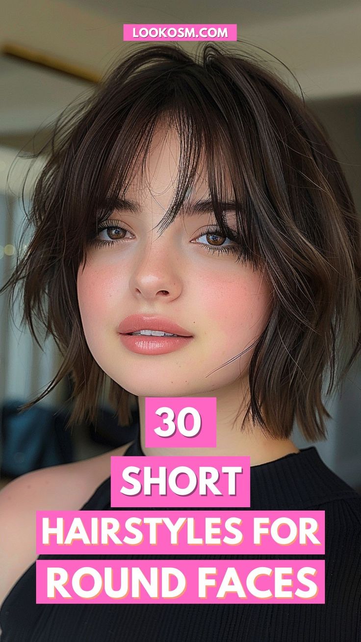 30 Short Hairstyles for Round Faces: Define Your Beauty Short Hairstyle Wispy Bangs, Chin Length Edgy Haircuts, Short Shag Haircuts Round Faces, Choppy Bob For Round Faces, Asymmetrical Bob Round Face, Bob Haircut For Fine Hair Round Face, Long Pixie For Round Face, Curtain Bang Bob Haircut, Short Bobs For Round Faces