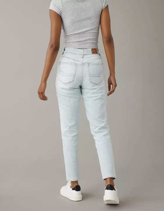 AE Strigid Mom Jean Everyday Light Wash Mom Fit Bottoms, High Waist Mom Fit Pants For Everyday, High-waisted Mom Fit Pants For Everyday, Everyday Mom Fit Cropped Leg Pants, Everyday Mom Fit Pants With Tapered Leg, Casual Mom Fit Tapered Leg Bottoms, Everyday Mom Fit Tapered Leg Pants, High Waist Tapered Pants For Everyday, Everyday Mom Fit Cropped Bottoms