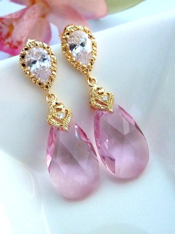 Light Rose Pink Swarovski Pear Drop Crystal with Yellow Gold Plated Peardrop Shape CZ Post Earrings Elegant Pink Teardrop Earrings, Pink Teardrop Pendant Jewelry For Wedding, Pink Teardrop Earrings For Formal Occasions, Pink Teardrop Crystal Jewelry, Pink Cubic Zirconia Dangle Jewelry, Pink Dangle Teardrop Earrings For Gift, Fine Jewelry Pink Teardrop Pendant, Pink Teardrop Pendant Fine Jewelry, Pink Teardrop Bridal Earrings As Gift