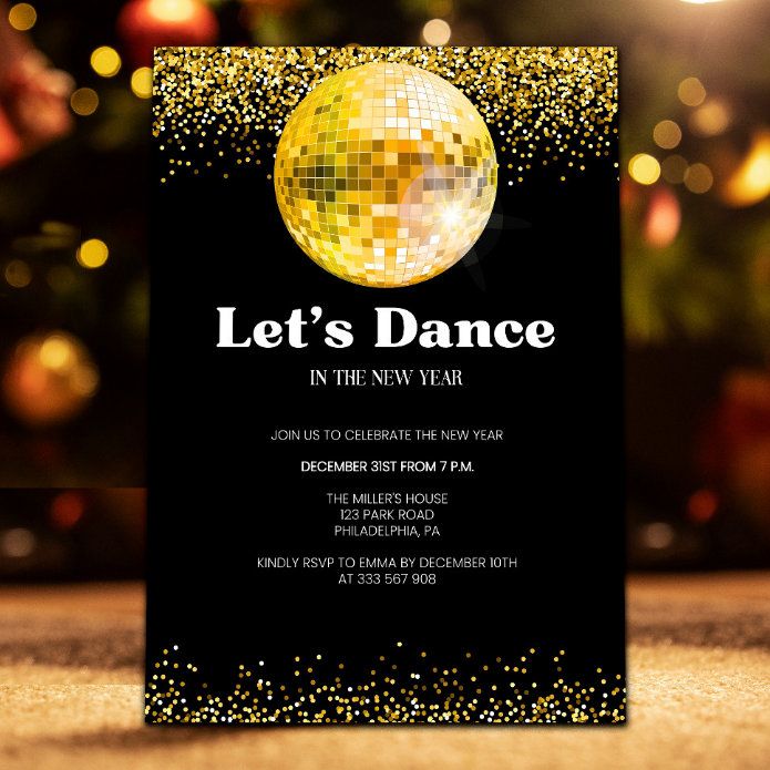 a black and gold new year party card with disco ball on the front, let's dance in the new year