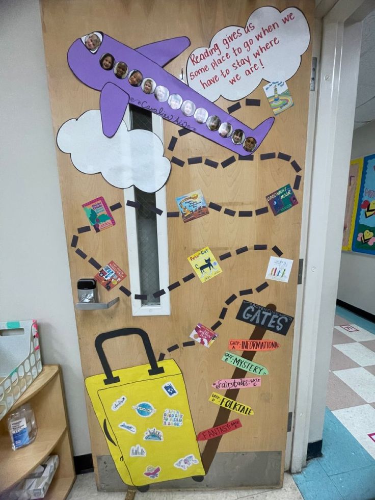 a door decorated with stickers and luggage