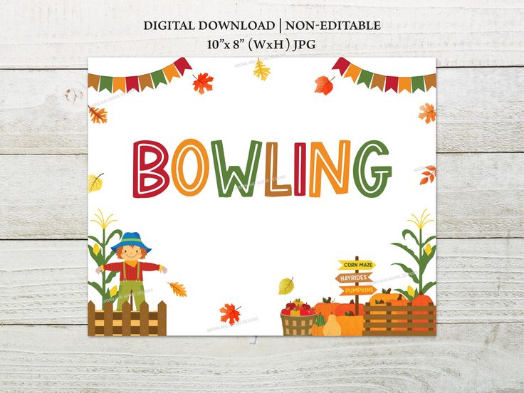 a card with the word bowling on it and an image of a boy holding a pumpkin