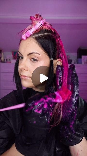 Hot Pink Hair And Black, Pink And Black Color Block Hair, Magenta Hair Colors Burgundy, Brunette With Underneath Color, Fun Pink Hair Color Ideas, Different Bleach Dye Patterns Hair, Calico Hair Tutorial, Highlight Parting Hair, Dark Red Hair With Light Red Money Piece