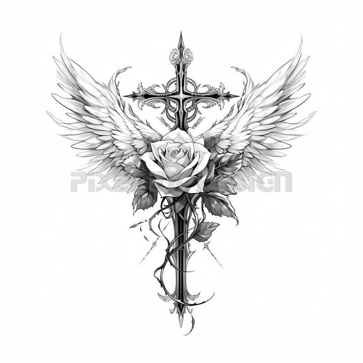 a cross with wings and a rose on it