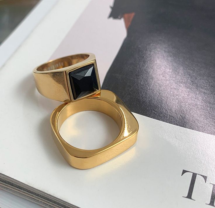 gold dainty jewelry Croissant Ring, Onyx Signet Ring, Square Ring, Square Rings, Waterproof Jewelry, Onyx Stone, Recycled Gold, Square Shape, Shape Design