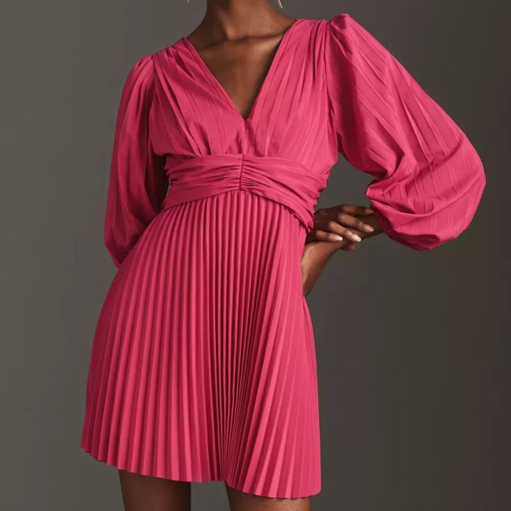 Size Xs! Never Worn! In Perfect Condition! Pleated Sleeves V-neck Mini Dress For Party, Pleated V-neck Long Sleeve Dress For Spring, Fitted V-neck Mini Dress With Pleated Sleeves, Pink V-neck Dress With Gathered Sleeves, Pink Pleated V-neck Mini Dress, Raspberry Pink, Long Balloons, V Neck Midi Dress, Anthropologie Dresses