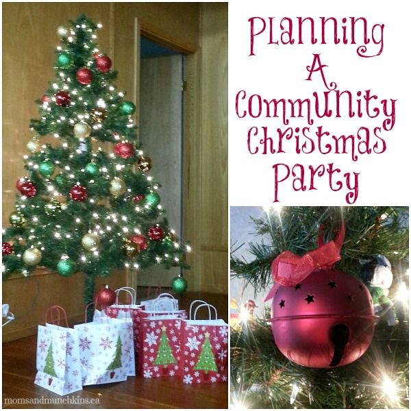 a christmas tree with presents under it, and the words planning a community christmas party