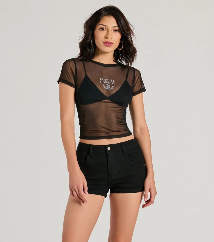 Edge up your look for a country bar with this sultry sheer mesh graphic top! Made with stretchy mesh, it features a trendy interlocking horseshoe graphic with the script, "Cool It Cowboy," a crew neckline, short sleeves, and a fitted mid-length hem. Style over a bralette with cutoff denim shorts and western booties.Fit & FeaturesStretchy sheer mesh fabricInterlocking horseshoe graphicScript: "Cool It Cowboy"Crew necklineShort sleevesFitted mid-length hemRuns true to size Edgy Black Mesh Top For Club, Black Mesh Y2k Tops, Black Mesh Y2k Top For Spring, Black Y2k Mesh Top For Spring, Edgy Mesh Top For Club, Edgy Mesh Top With Mesh Sleeves For Club, Black Mesh Top With Mesh Sleeves For Club, Edgy Mesh Top For Club In Spring, Black Mesh Top Y2k Style For Spring