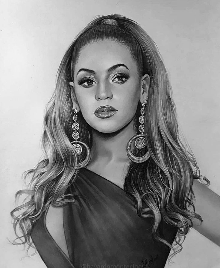 a pencil drawing of a woman with long hair and large earrings on her head, wearing a black dress