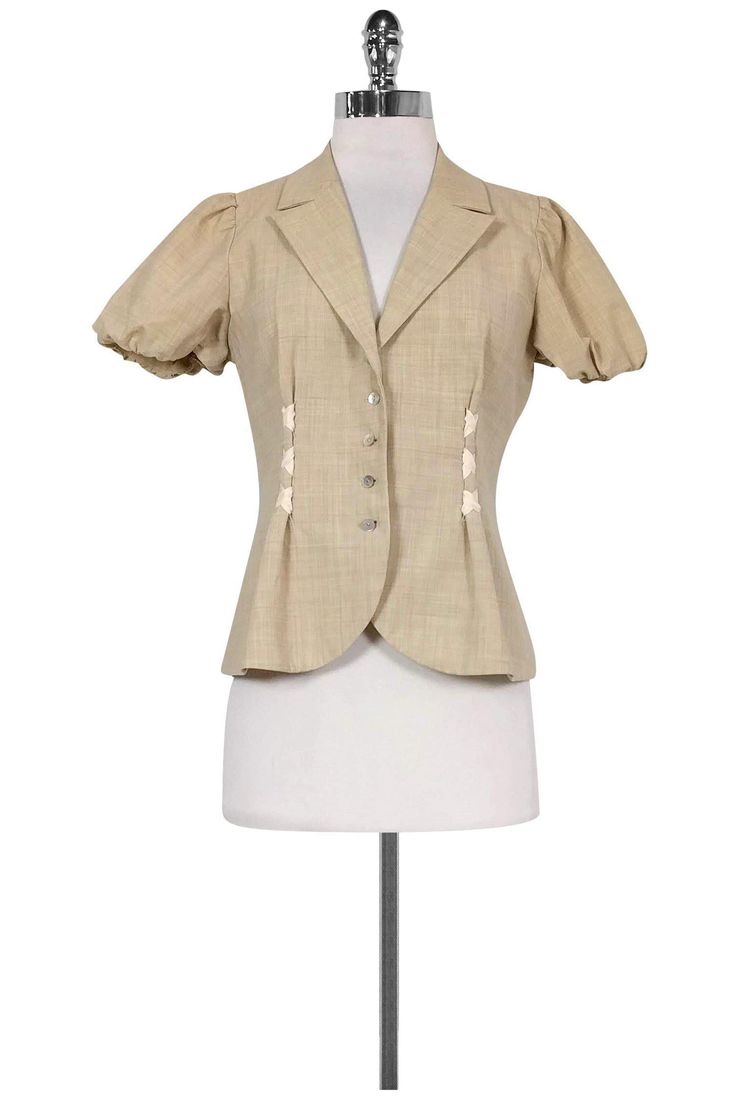 Current Boutique-Rebecca Taylor - Beige Short Sleeve Blazer Sz 6 Fitted Office Lady Blazer With Buttons, Fitted Blazer With Buttons For Office Lady, Semi-formal Single Breasted Fitted Top, Semi-formal Fitted Single Breasted Top, Fitted Beige Top For Semi-formal Occasions, Beige Fitted Top For Semi-formal Occasions, Fitted Beige Top For Office, Cream Fitted Blazer For Business Casual, Fitted Cream Blazer For Business Casual