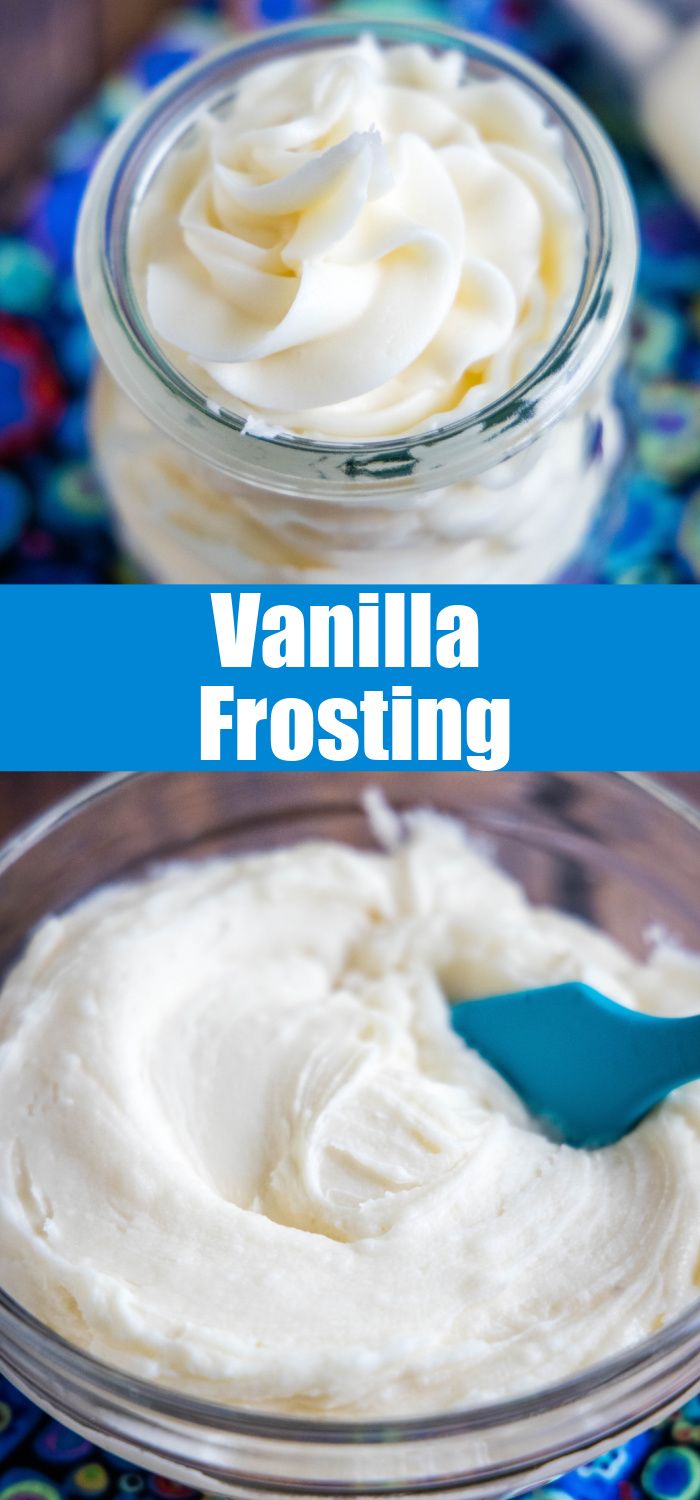 vanilla frosting in a glass bowl with a spoon