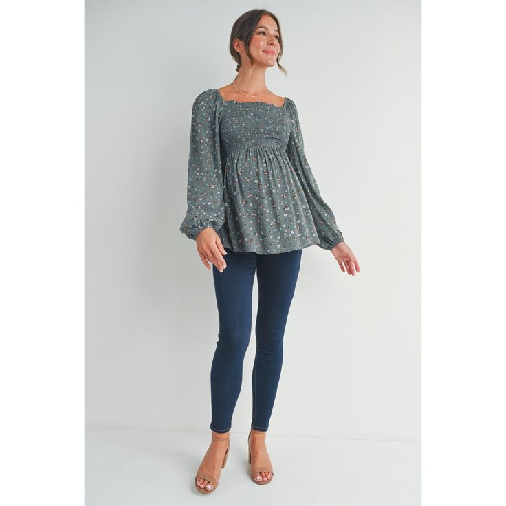 This top is giving us all the fall, feminine vibes and we are here for it. The smocked bust to the peasant sleeves is going to pair well with your favorite jeans. We personally suggest the Ava Maternity Skinny Jeans. Why we love the Autumn maternity top: Fit and flare style Delicate all over floral pattern Small elastic at wrist Sizing: We find this top runs true-to-size and suggest getting your normal, pre-pregnancy shirt size. Material: - 100% Rayon Care: Machine wash. Do not bleach. Tumble dr Fall Balloon Sleeve Smocked Top With Smocked Cuffs, Chic Smocked Top With Lantern Sleeves For Fall, Trendy Fall Smocked Top, Trendy Smocked Back Top For Fall, Trendy Smocked Top With Smocked Back For Fall, Fall Blouse With Smocked Bodice And Lantern Sleeves, Fitted Smocked Top With Lantern Sleeves For Fall, Chic Lantern Sleeve Smocked Top For Fall, Fitted Smocked Top With Balloon Sleeves For Fall