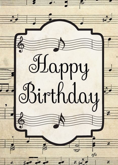 a happy birthday card with music notes and musical notes in the background, on top of sheet