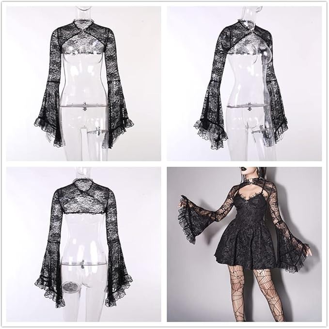 Goth Lace Shawls For Women Bolero Shrug Gothic Large Bell Sleeve Crop Top Flare Lace Sleeve Sheer Mesh Cardigan at Amazon Women’s Clothing store Goth Bolero, Goth Sleeves, Gothic Shawl, Gothic Fits, Shrug For Women, Crop Shrug, Goth Crop Top, Mesh Bolero, Goth Tops