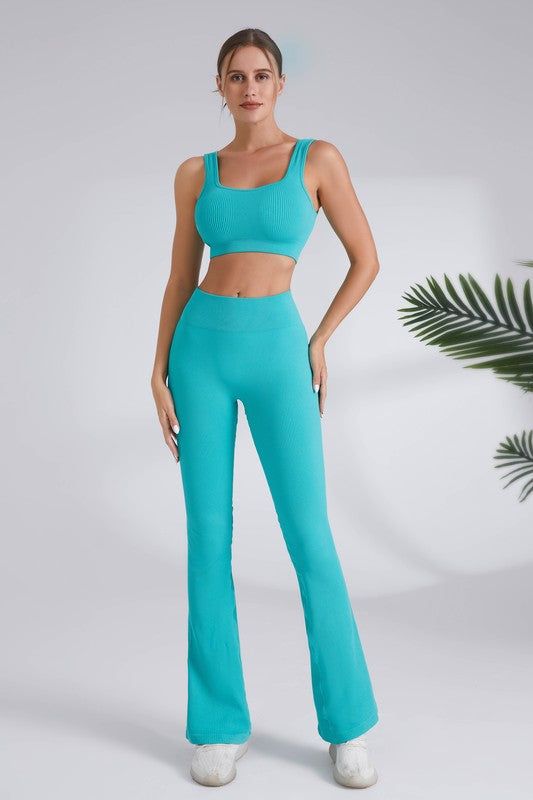 Teal Blue Square Neck Sports Bra And Flare Legging 2pc Set Green Stretch Sports Sets, Green Fitted Sports Sets, Green Fitted Workout Sets, Green Stretch Gym Sets, High Stretch Solid Color Training Sets, Fitted Sleeveless Sports Sets, Fitted Sportswear Yoga Sets, Fitted Sportswear Sets For Yoga, Fitted Athleisure Workout Sets