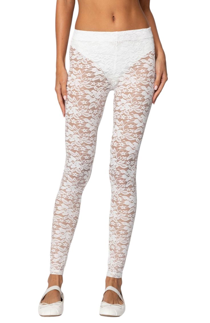 These lacy legging are soft and stretchy and add floral charm to any outfit. 95% polyester, 5% spandex Machine wash, dry flat Imported Stretch Lace Full-length Pants, Full-length Lace Bottoms With Stretch, Full Length Lace Bottoms With Stretch, Spring Lace Stretch Tights, Spring Fitted Tights With Lace Trim, Spring Lace Tights, Stretch Lace Bottoms For Loungewear, Non-stretch Full Length Tights For Spring, White Stretch Footless Leggings