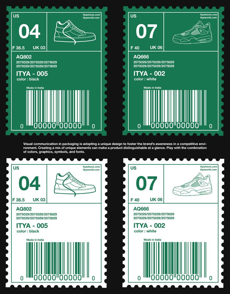 two green stamps with white and black numbers on them, one has a pair of shoes