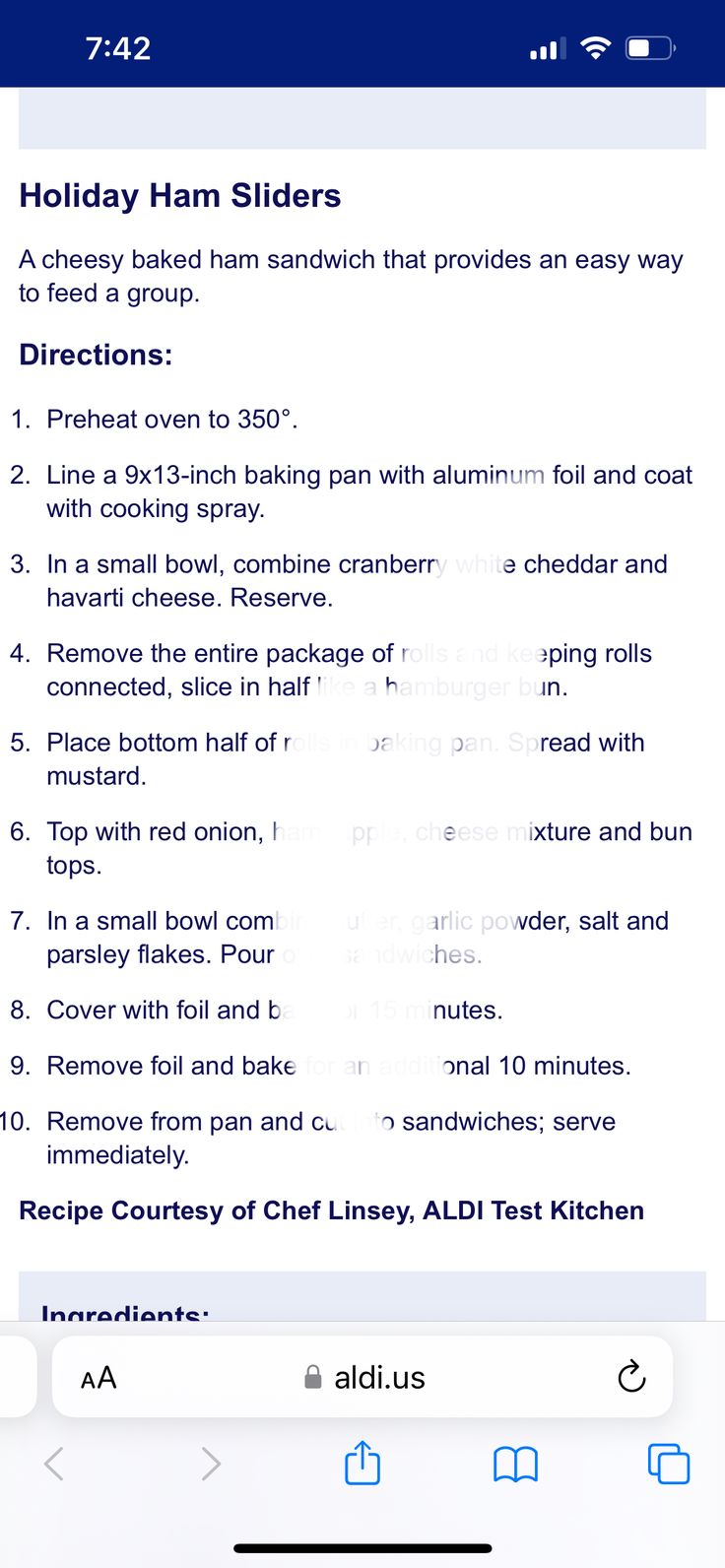 an iphone screen showing the menu for holiday ham sliders, which includes instructions on how to cook them