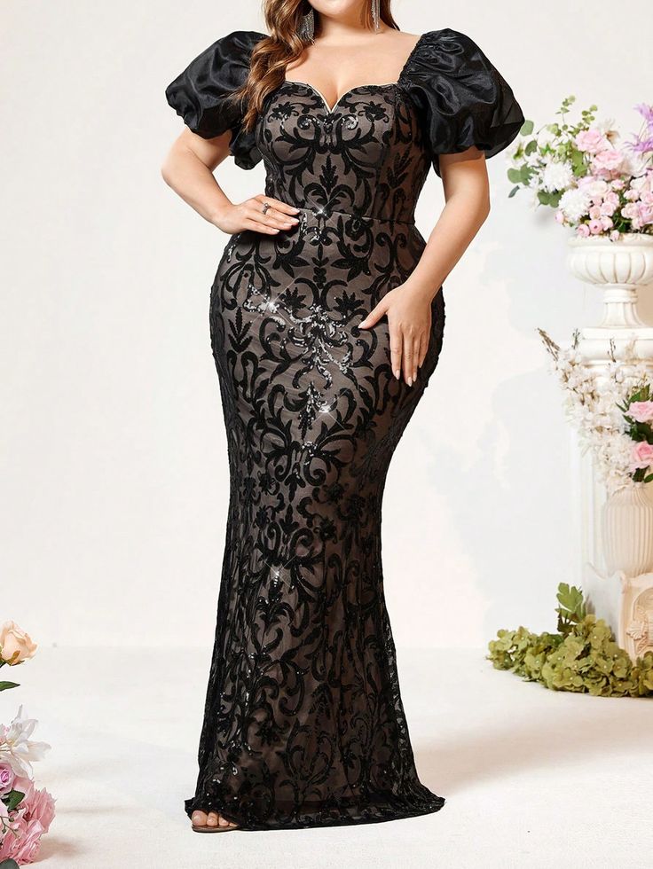 Plus Size Women's Black Lace See-Through Luxury Positioning Sequin Fabric Elegant Fishtail Heavy Industry Puff Sleeve Evening Dress (Heavy Version) Apricot   Short Sleeve Woven Fabric Floral Bodycon Non-Stretch  Weddings & Events, size features are:Bust: ,Length: ,Sleeve Length: Plus Size Evening Dress, Black Hair Salons, Evening Dresses With Sleeves, Heavy Industry, Floral Bodycon, Evening Dresses Plus Size, Fabric Floral, Sequin Fabric, African Fashion Dresses