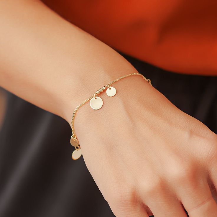 14k Solid Gold Disc Bracelet/Anklet, Custom Initial Engraved Gold Disc Coin Charm Bracelet/Anklet, Real Gold Multiple Letter Disc Pendant Bracelet Gift For Material: Solid Gold (Not Gold Filled or not Gold Plated) Karat: 14 K (585) (Real Gold) Small Disc: 6 mm Large Disc: 8 mm Bracelet Length: 6.0 inches - 8.5 inches Anklet Length: 9.0 inches - 12.0 inches We put an additional adjustment of 1 ring on the bracelets to use them 1 inch shorter. We put an additional adjustment of 2 rings on the ankl 14k Gold Bracelets With Polished Finish, Rose Gold Plated Jewelry With Bracelet Strap, Rose Gold Gold-plated Jewelry With Bracelet Strap, 14k Gold Jewelry With Bracelet Strap, Dainty Engraved Bracelet Jewelry, Minimalist Yellow Gold Jubilee Charm Bracelet, Adjustable Gold Plated Bracelet With Charms, Adjustable Gold Plated Charm Bracelets, Adjustable Gold-plated Charm Bracelet