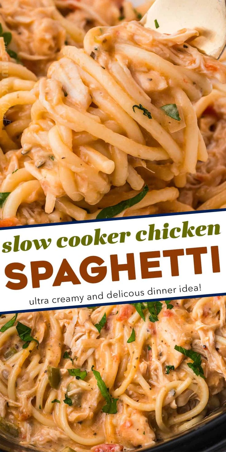 the cover of slow cooker chicken spaghetti