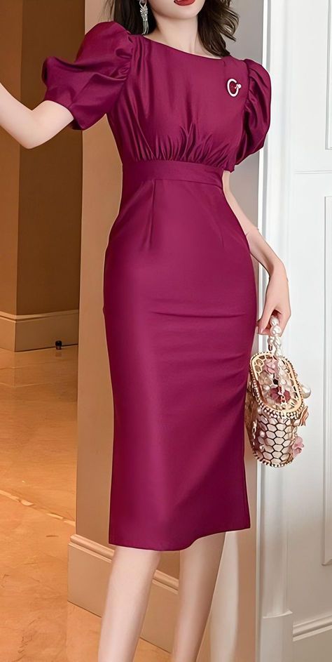 Elevate your style with this stunning Berry Red Midi Dress, perfect for cocktail parties, upscale events, and elegant evenings. This chic and timeless dress features puff sleeves and a gathered waist for a flattering silhouette. Ideal for fashion lovers looking for outfit ideas and style inspiration. Evening Solid Color Sheath Midi Dress, Elegant Sheath Mini Dress In Solid Color, Elegant Solid Color Sheath Mini Dress, Elegant Solid Color Evening Bodycon Dress, Elegant Solid Color Bodycon Evening Dress, Elegant Sheath Dress In Solid Color, Elegant Solid Color Sheath Dress, Burgundy Bodycon Dress For Evening, Elegant Red Maxi Dress Solid Color