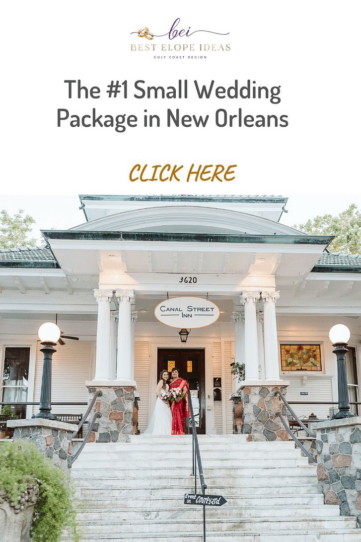 a couple standing in front of a building with the words, the 1 small wedding package in new orleans click here