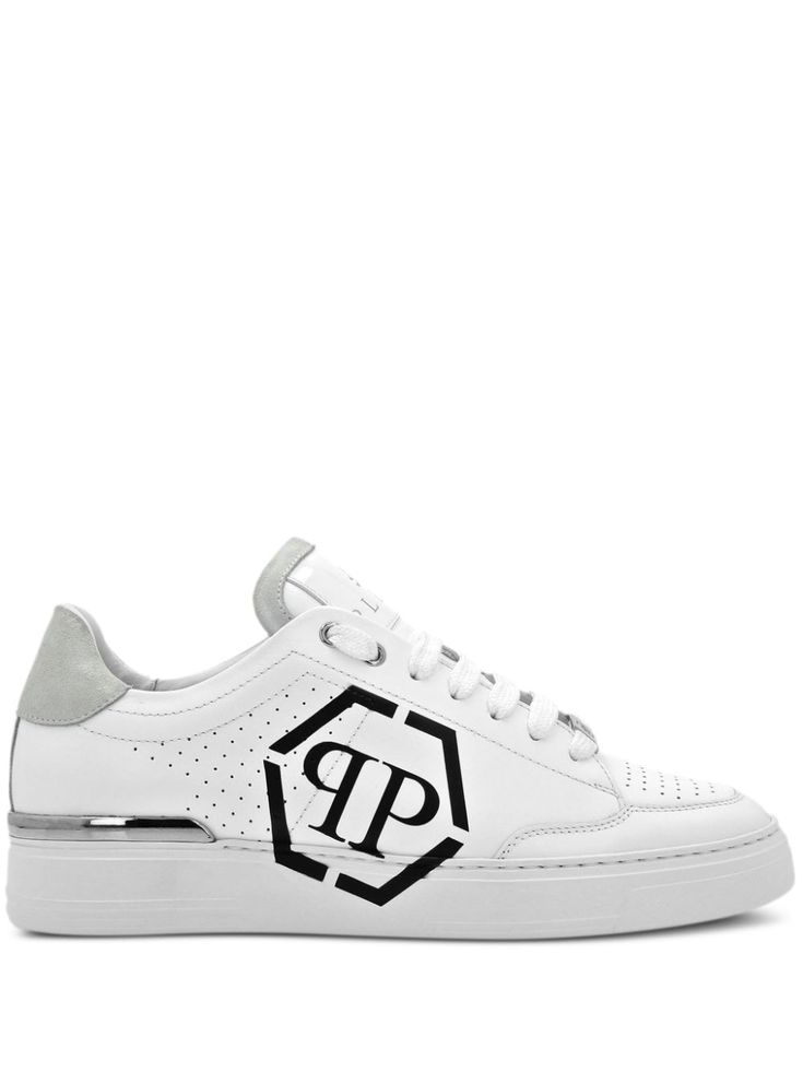 white/light grey/black calf leather perforated embellishment round toe logo print to the side logo-print tongue contrasting heel counter padded ankle branded leather insole leather lining flat rubber sole front lace-up fastening Balenciaga Triple S, Philipp Plein, Espadrille Shoes, Designer Sneakers, Party Shoes, Nike Jordan, Sneakers White, Nike Air Jordan, Mens Shoes Sneakers