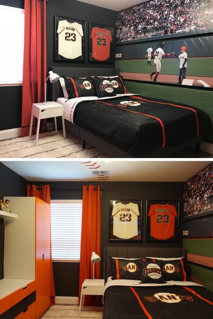 two pictures of a bedroom with baseball jerseys on the wall and in the bed room