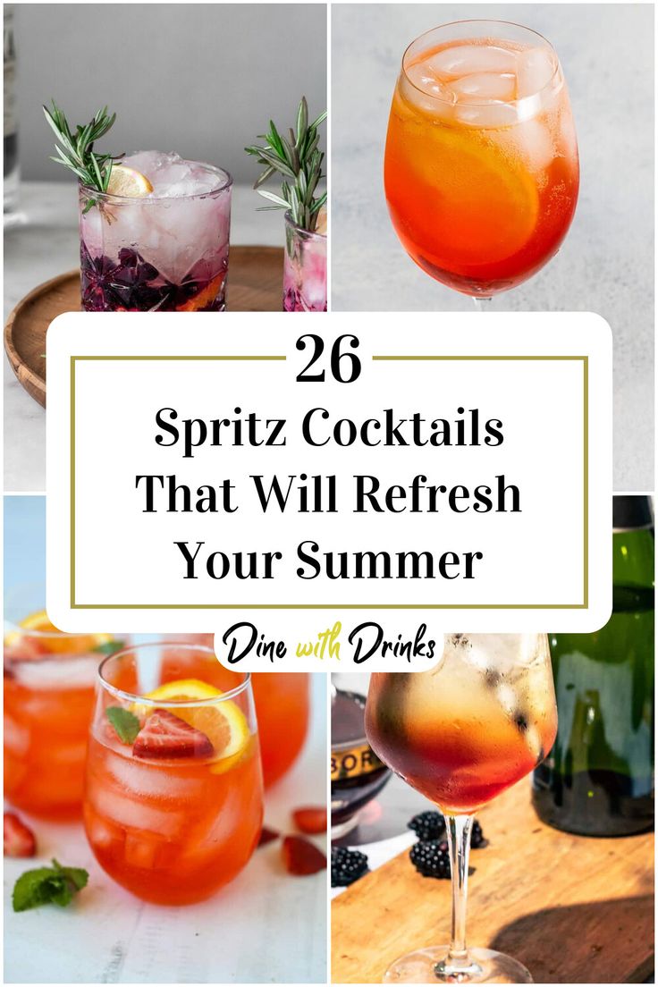 Collage of 4 spritz cocktails. Spritz Drink Recipe, Different Types Of Spritz, Spring Spritzer Cocktail, Prosecco Spritzer Cocktails, Spritz Recipes Alcohol, Sprits Cocktail, Prosseco Cocktails Recipe, Summer Spritzer Cocktails, Spritz Cocktail Recipes