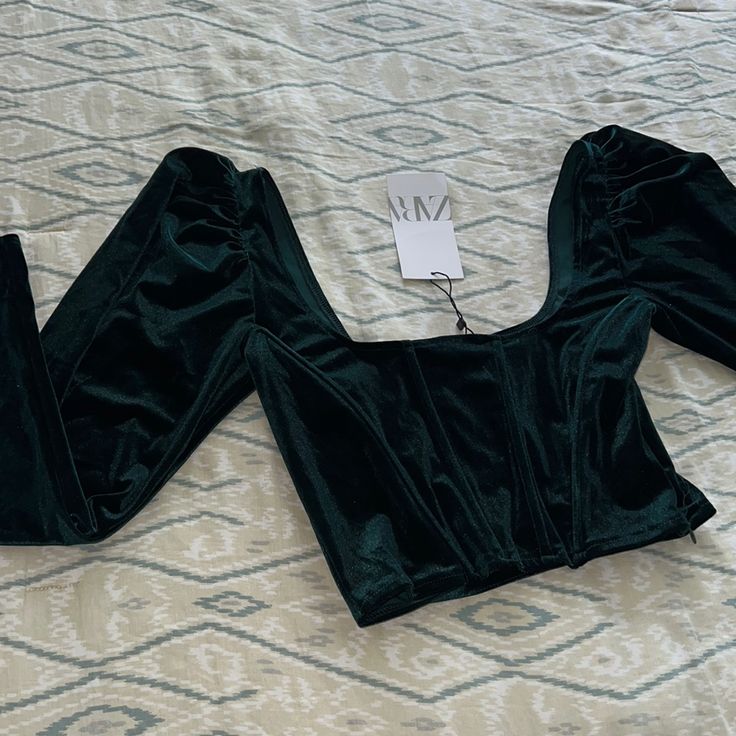 Nwt, Corset Like In The Front, Puffy Shoulders, Cropped, Midnight Green Velour Fitted Green Top For Date Night, Zara Fitted Tops For Date Night, Fitted Green Zara Tops, Fitted Green Blouse By Zara, Midnight Green, Zara Tops, Shirt Color, Long Sleeve Shirt, Sleeve Shirt