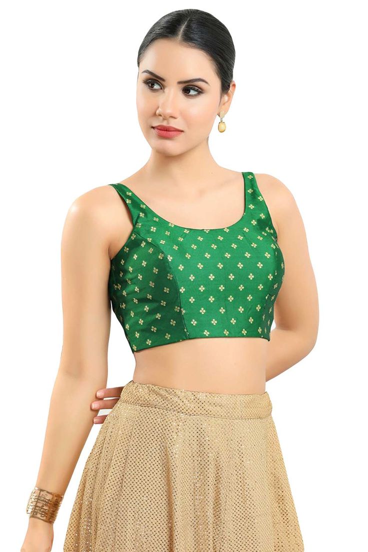 Buy Women's Green Art Silk Readymade Saree Blouse Online Sleeveless Silk Crop Top For Party, Green Sleeveless Unstitched Choli Blouse, Green Sleeveless Choli With Unstitched Blouse, Green Sleeveless Unstitched Choli, Green Sleeveless Choli For Festivals, Sleeveless Green Choli For Festivals, Traditional Sleeveless Green Blouse Piece, Sleeveless Green Blouse For Summer, Sleeveless Green Tops For Wedding