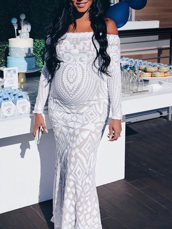 Momyknows White Lace Sequin Off Shoulder Mermaid Bodycon Wedding Gown Baby Shower Elegant Foamal Maternity Photoshoot Maxi Dress Elegant White Maternity Gown, White Long Sleeve Maternity Dress For Party, White Long Sleeve Fitted Maternity Dress, White Floor-length Maternity Dress For Wedding, Maternity Mermaid Hem Dress For Wedding, Maternity Mermaid Hem Gown, Fitted Maternity Dress With Mermaid Hem, Elegant Fitted Maternity Dress For Baptism, Fitted Floor-length Maternity Gown