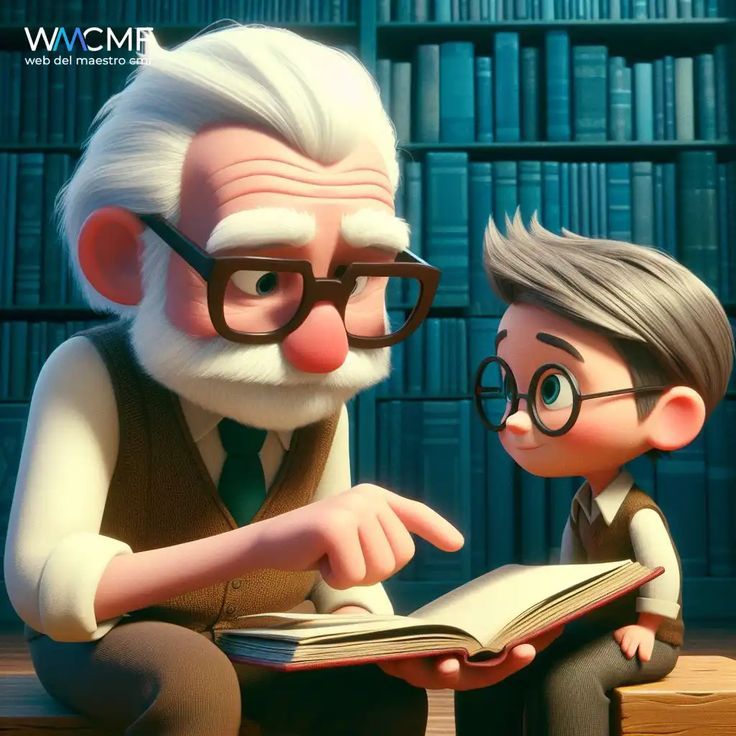 an older man and young boy are looking at a book