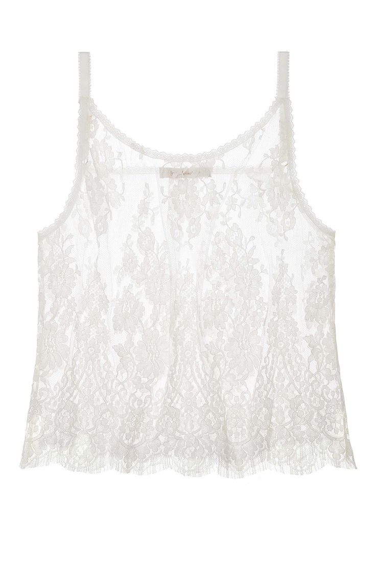 Inspired by the finest lace in the world, made on special looms found only in France. Our Jen French lace camisole has a timeless romance and appeal. Made of fine French Leavers lace in a flattering cami silhouette with flirty scallop edges, intricate lace flowers that blossom across the body, double back pleat and adjustable straps finished with 24k gold plated hardware. Pairs beautifully with our Jen hipster briefs, sold separately. Color: Ivory. True to size. Part of our Couture Collection. H Sheer Lace Camisole Top, White Delicate Lace Cami Top, Lace Cami Tank Top With Lace Trim, Sheer Lace Cami Top, Scalloped Lace Sleeveless Camisole, Chic Sheer Lace Camisole, Lace Tank Top With Spaghetti Straps And Lace Trim, Feminine Sleeveless Delicate Lace Top, White Sleeveless Top With Scalloped Lace